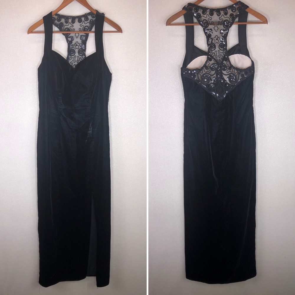 VTG Flirtations Alfred Angelo Velvet Evening Dress Black Sequins Old Hollywood